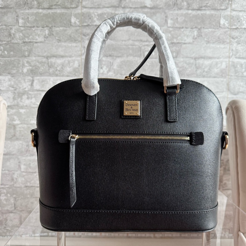 NWT Dooney & Bourke Saffiano Domed Zip Satchel Black Leather